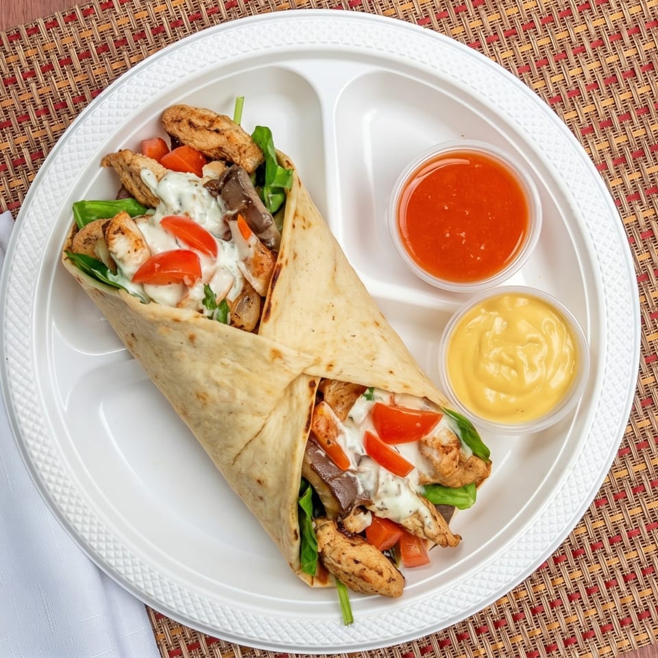 Two chicken wraps with tomatoes, lettuce, and white sauce, served with red and yellow dipping sauces.