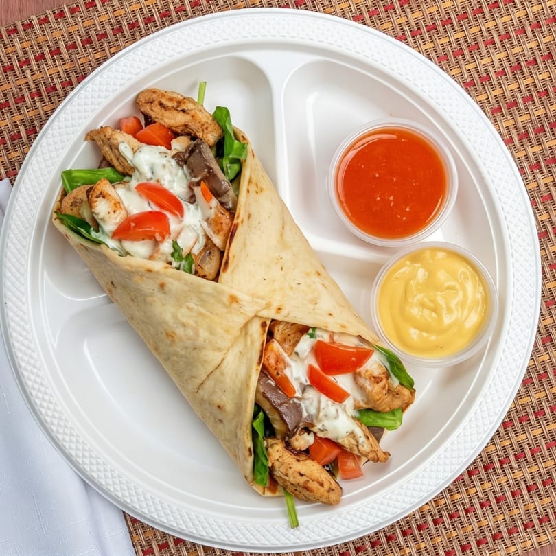 Two chicken wraps with tomatoes, lettuce, and white sauce, served with red and yellow dipping sauces.