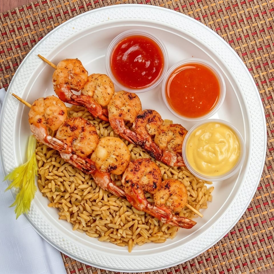 Grilled shrimp skewers on a bed of orzo pasta with three dipping sauces and celery.