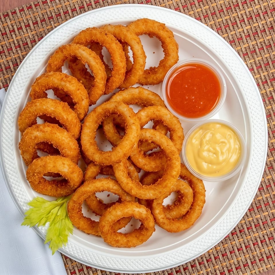 Golden-brown onion rings on a white plate with red and yellow dipping sauces and a celery garnish.